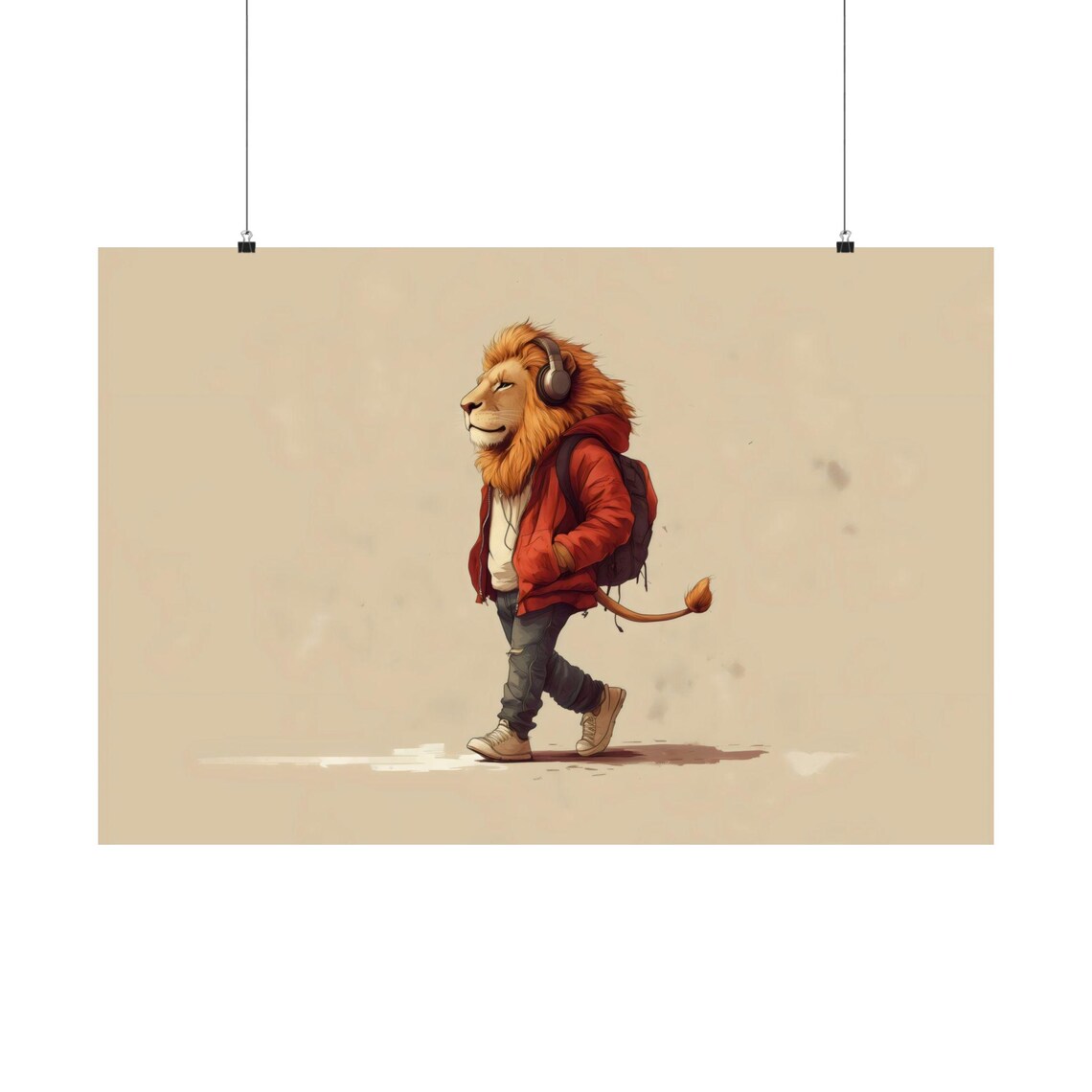 Walking Lion Headphones Street Style Animal Portrait Art Poster