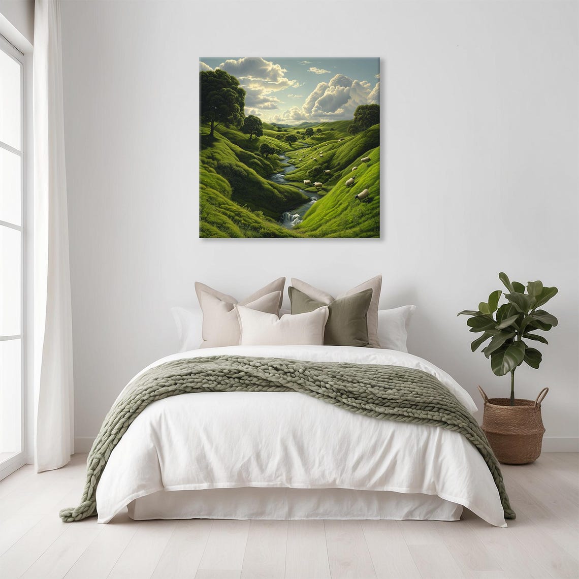 Sheep Grazing Green Valley Stream Peaceful Pasture Landscape Poster