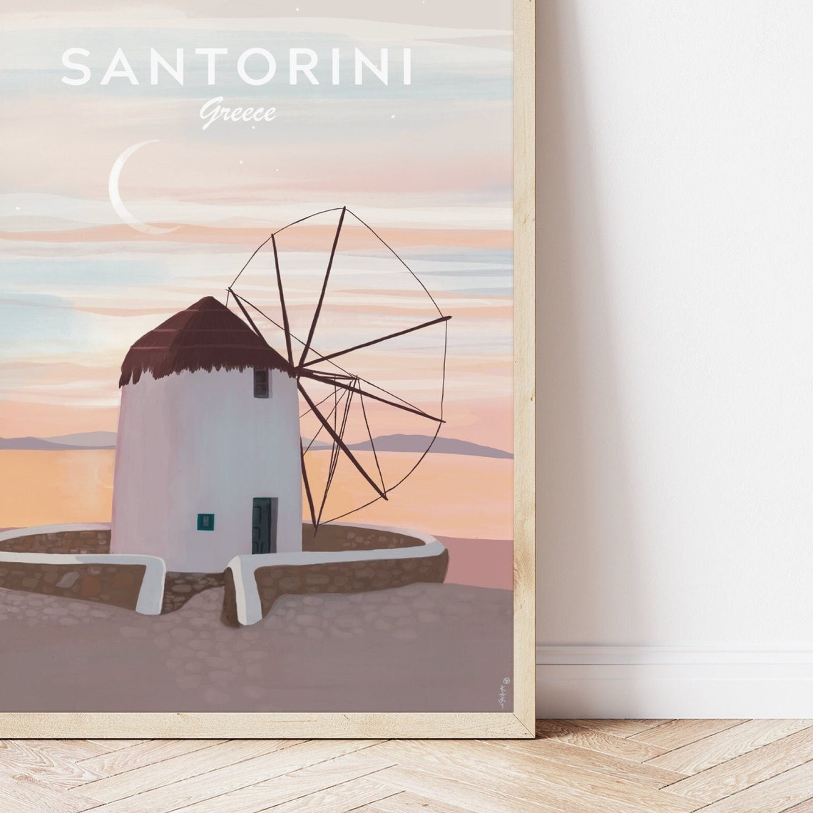 Santorini Greece Sunset Windmill Crescent Moon Travel Poster - Image 3