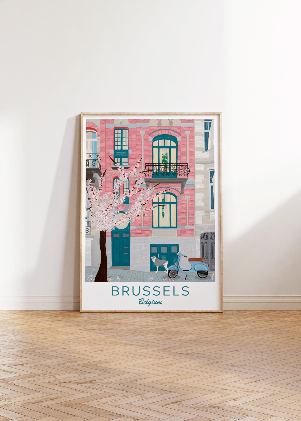 Brussels Belgium Pink Brick Townhouse Cherry Blossom Blue Scooter Poster - Image 2