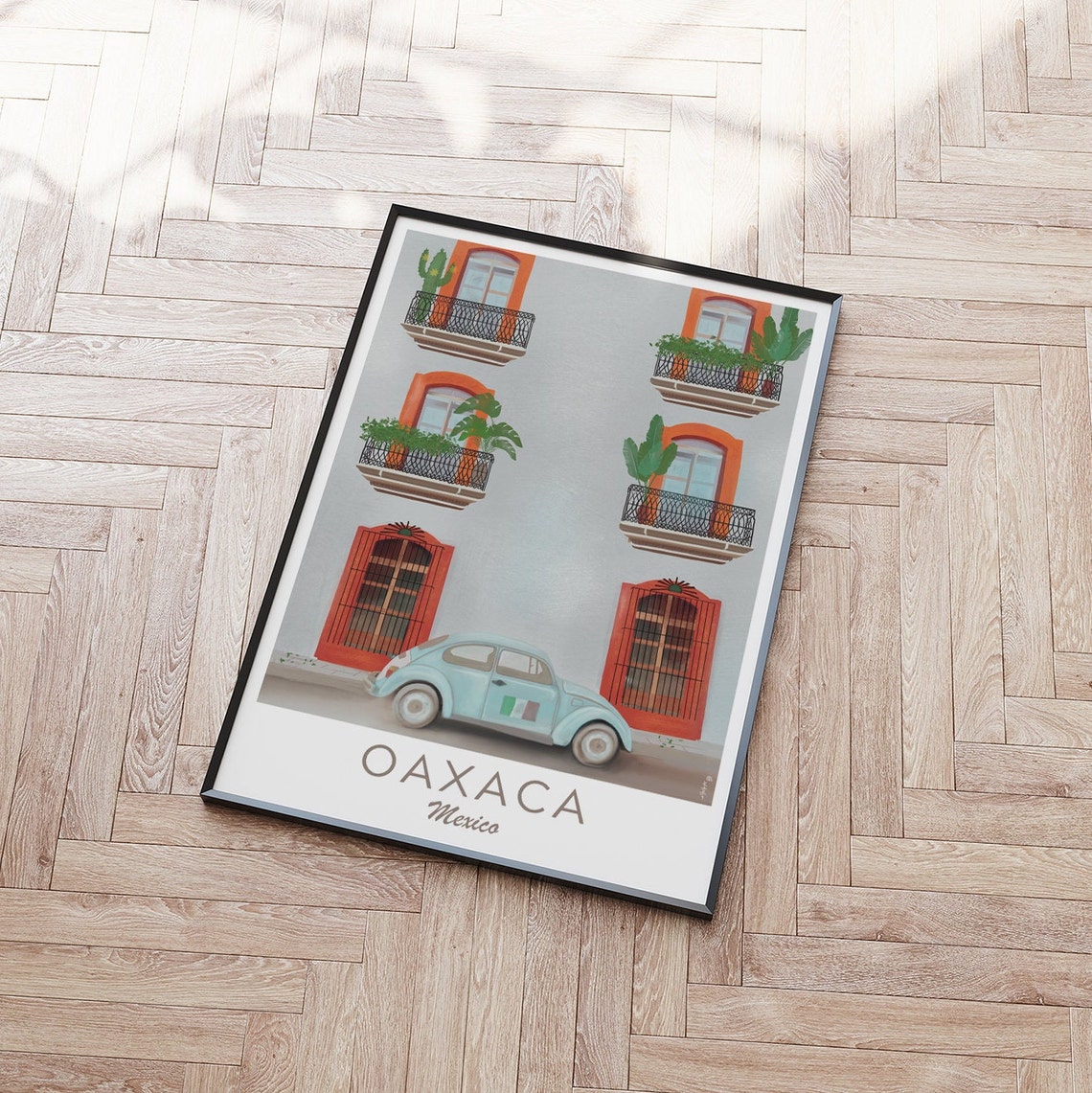 Oaxaca Mexico Light Blue VW Beetle Facade Folk Art Travel Poster - Image 3