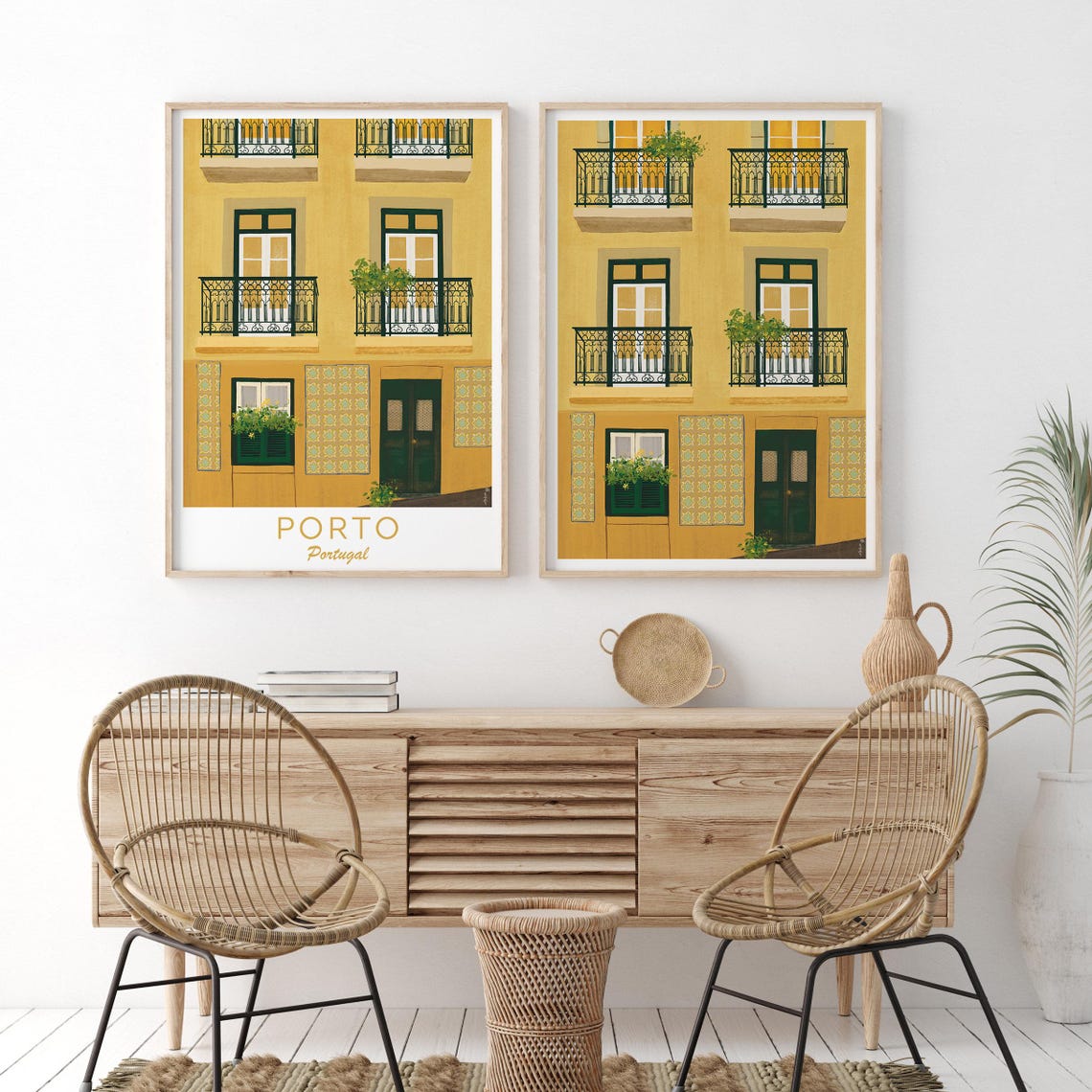 Porto Portugal Mustard Yellow Facade Tiles Iron Balcony Windows Poster - Image 2