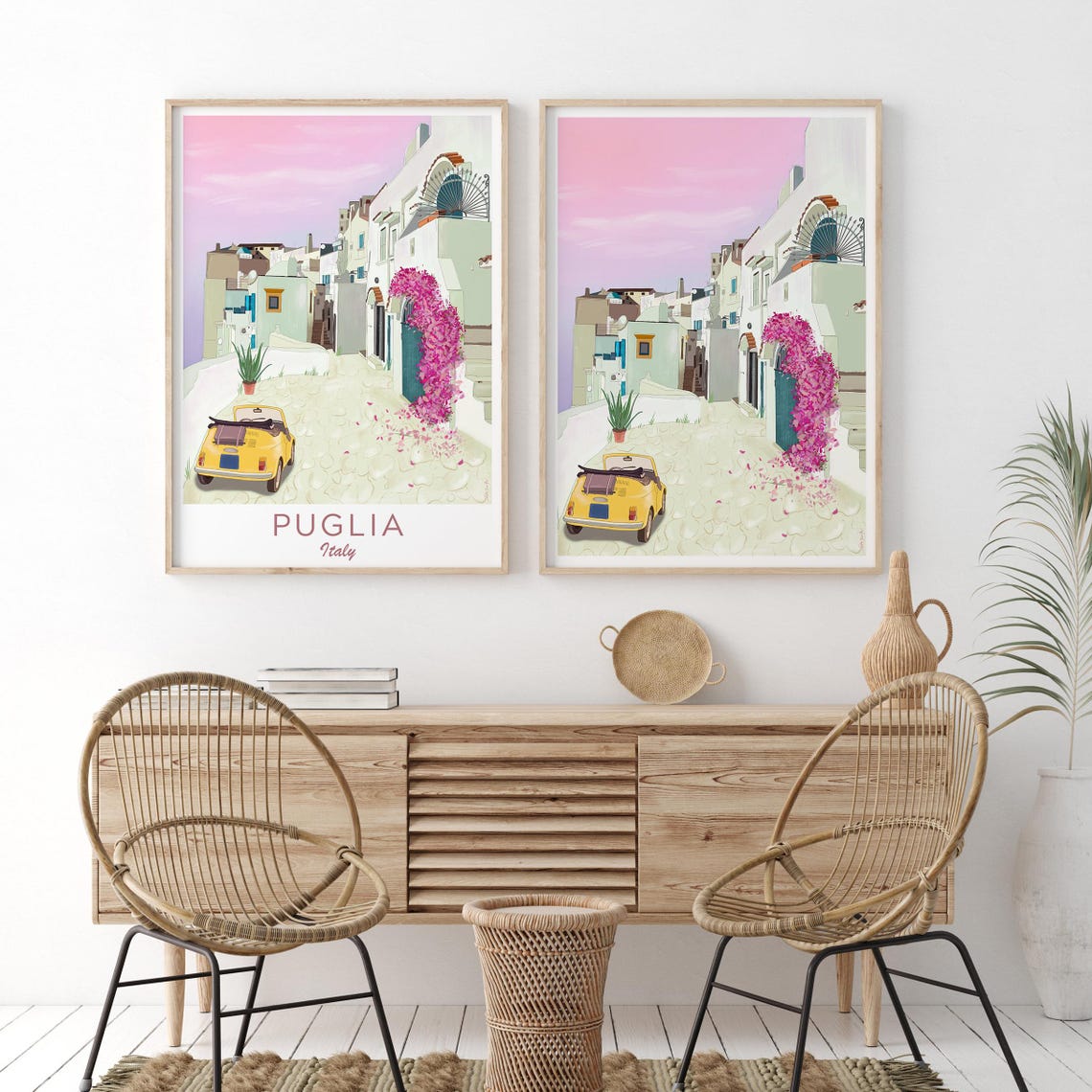 Puglia Italy Whitewashed Village Street Pink Sky Bougainvillea Poster - Image 3