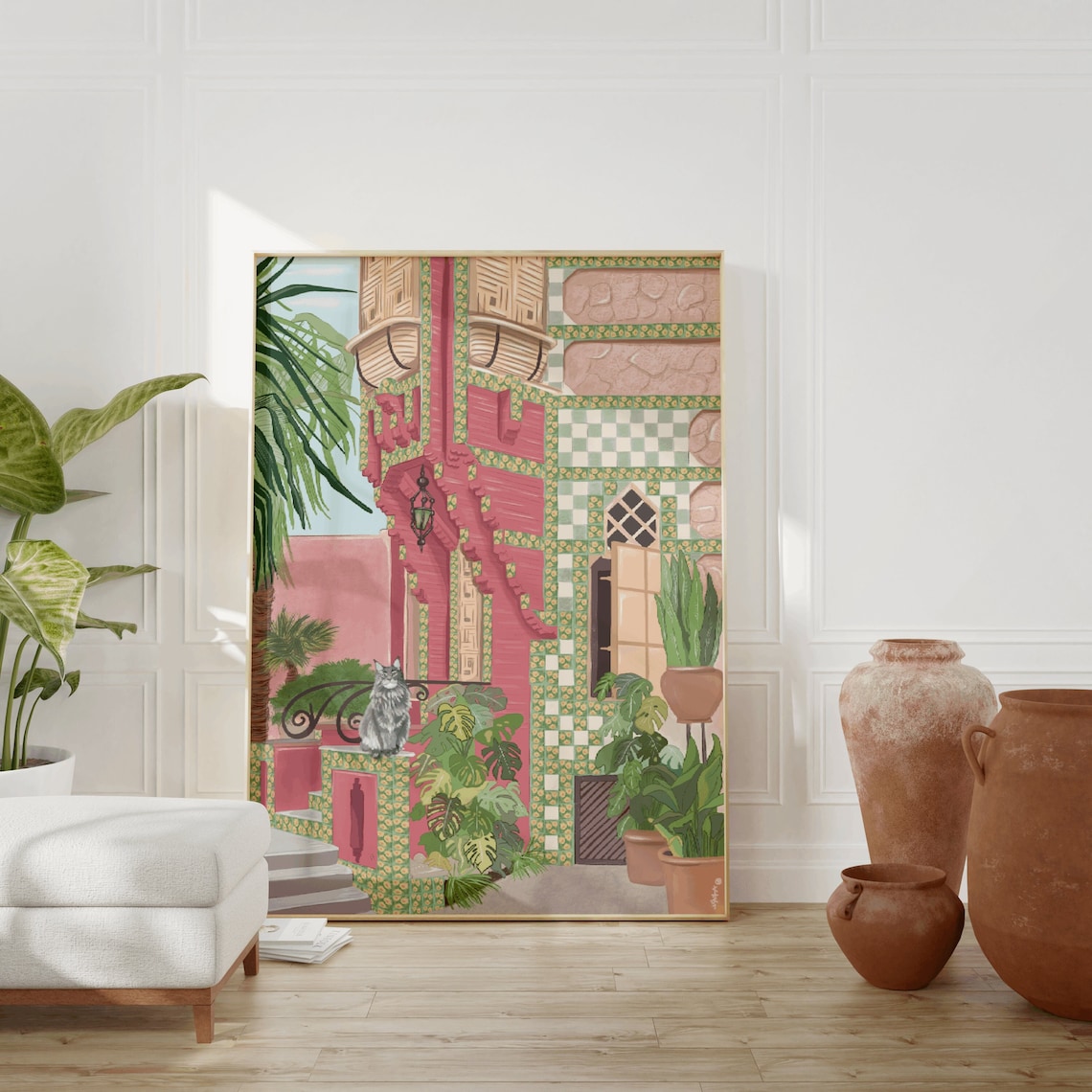 Barcelona Gaudi Mosaic Pink Building Grey Cat Monstera Plants Poster - Image 4