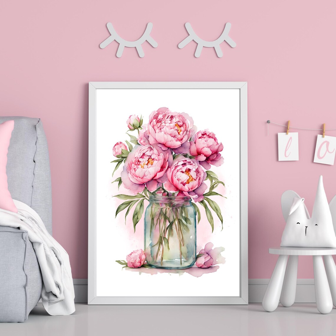 Pink Peonies Watercolor Bouquet Glass Jar Floral Home Decor Poster - Image 2