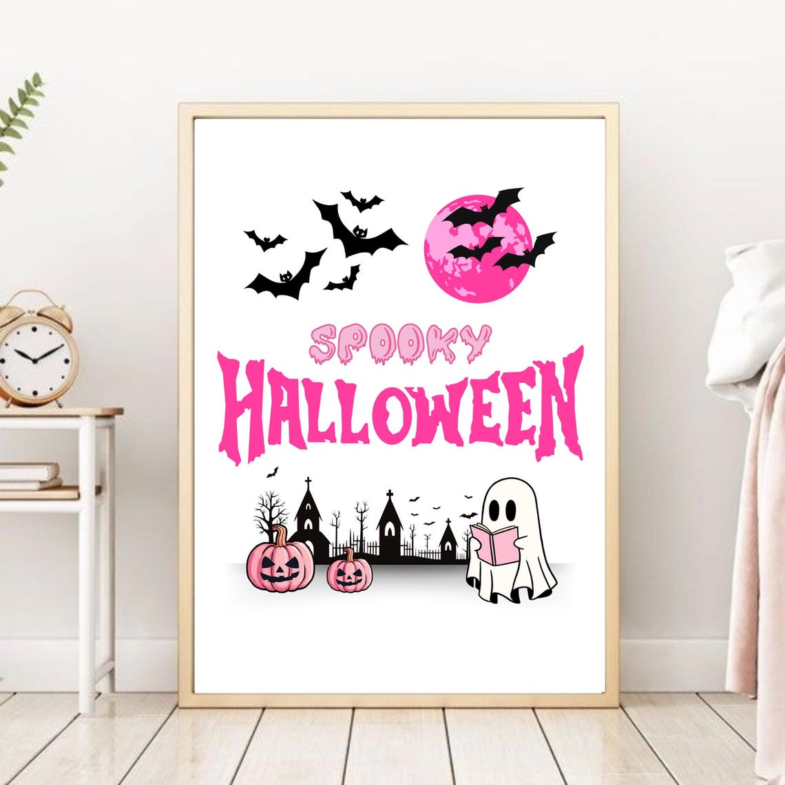Spooky Pink Halloween Ghost Reading Book Bats Moon Pumpkins Art Poster - Image 2