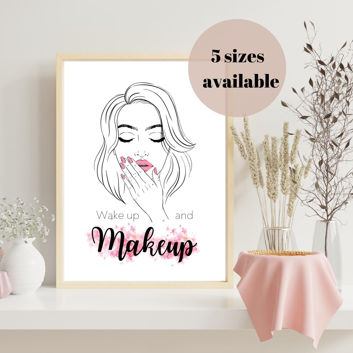 Wake Up And Makeup Line Art Woman Face Beauty Salon Quote Poster Pink - Image 3
