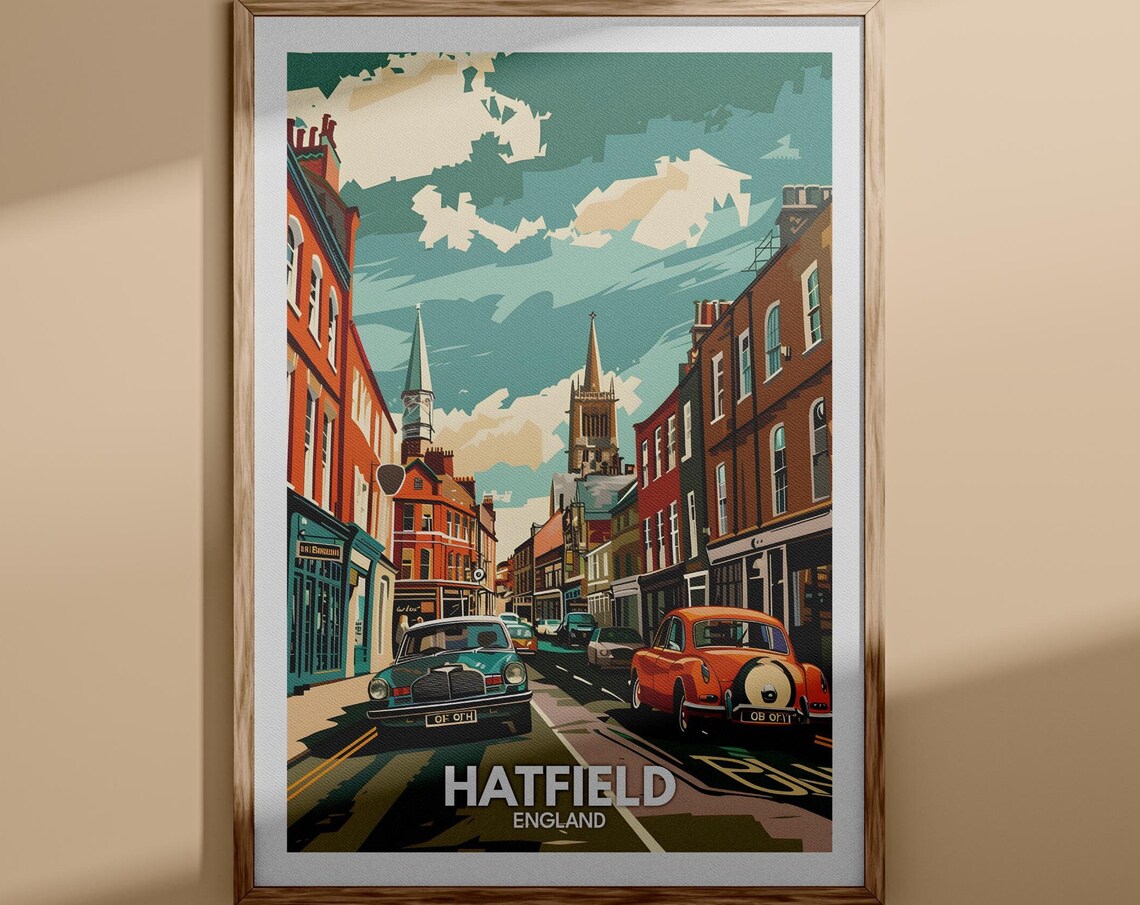 Hatfield England Historic High Street Classic Cars Travel Poster