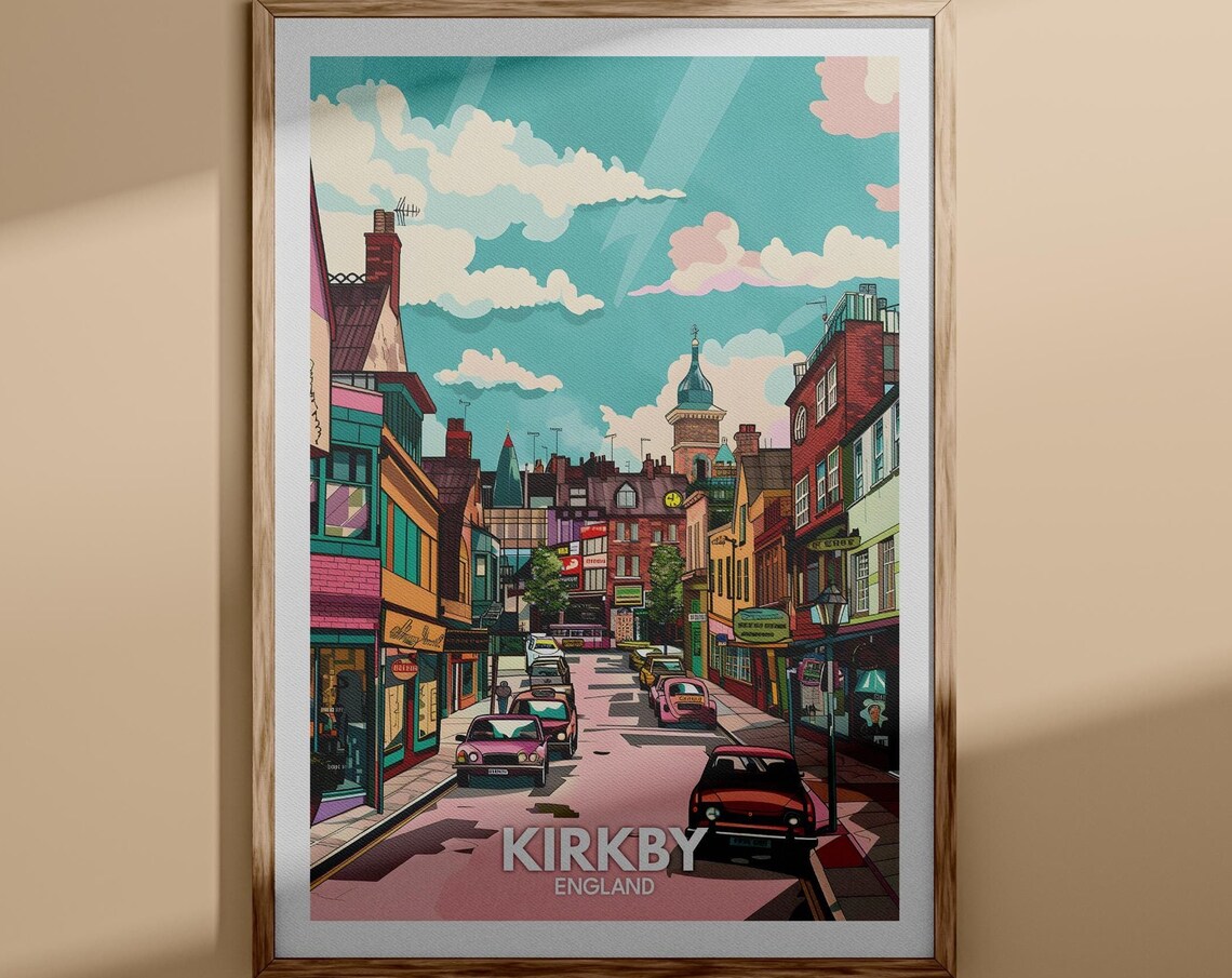 Kirkby England Colorful High Street Clock Tower Travel Poster