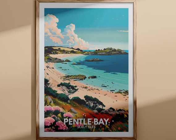Pentle Bay Scilly Isles Tropical Beach Cove Flower View Travel Poster