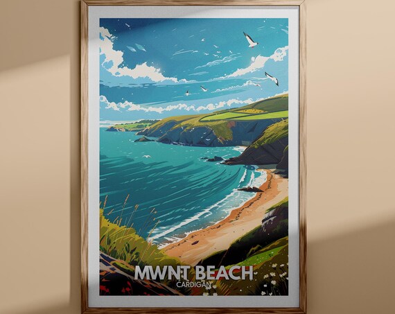 Mwnt Beach Cardigan Travel Poster Welsh Cliffs Turquoise Coast
