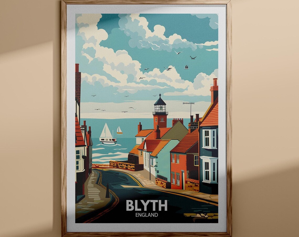 Blyth England Seaside Street Lighthouse Sailboats View Travel Poster