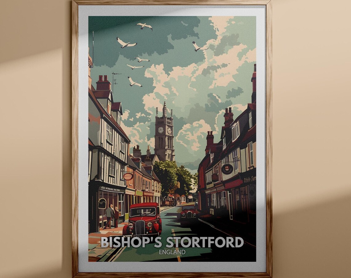 Bishop's Stortford England Clock Tower Street Seagulls Travel Poster