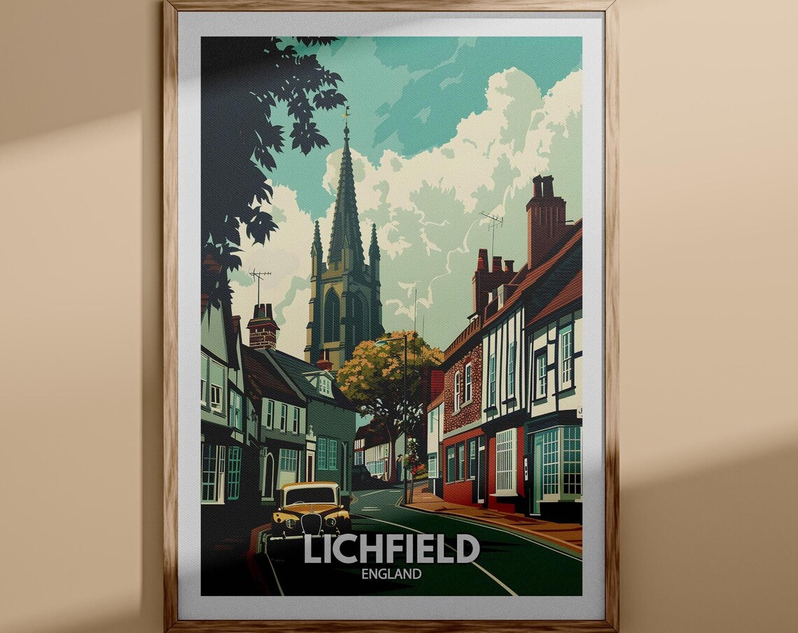 Lichfield England Vintage Travel Poster Cathedral Street Scene