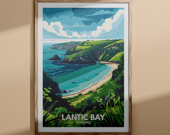 Lantic Bay Cornwall Coastal Cliffs Sandy Beach Vintage Travel Poster