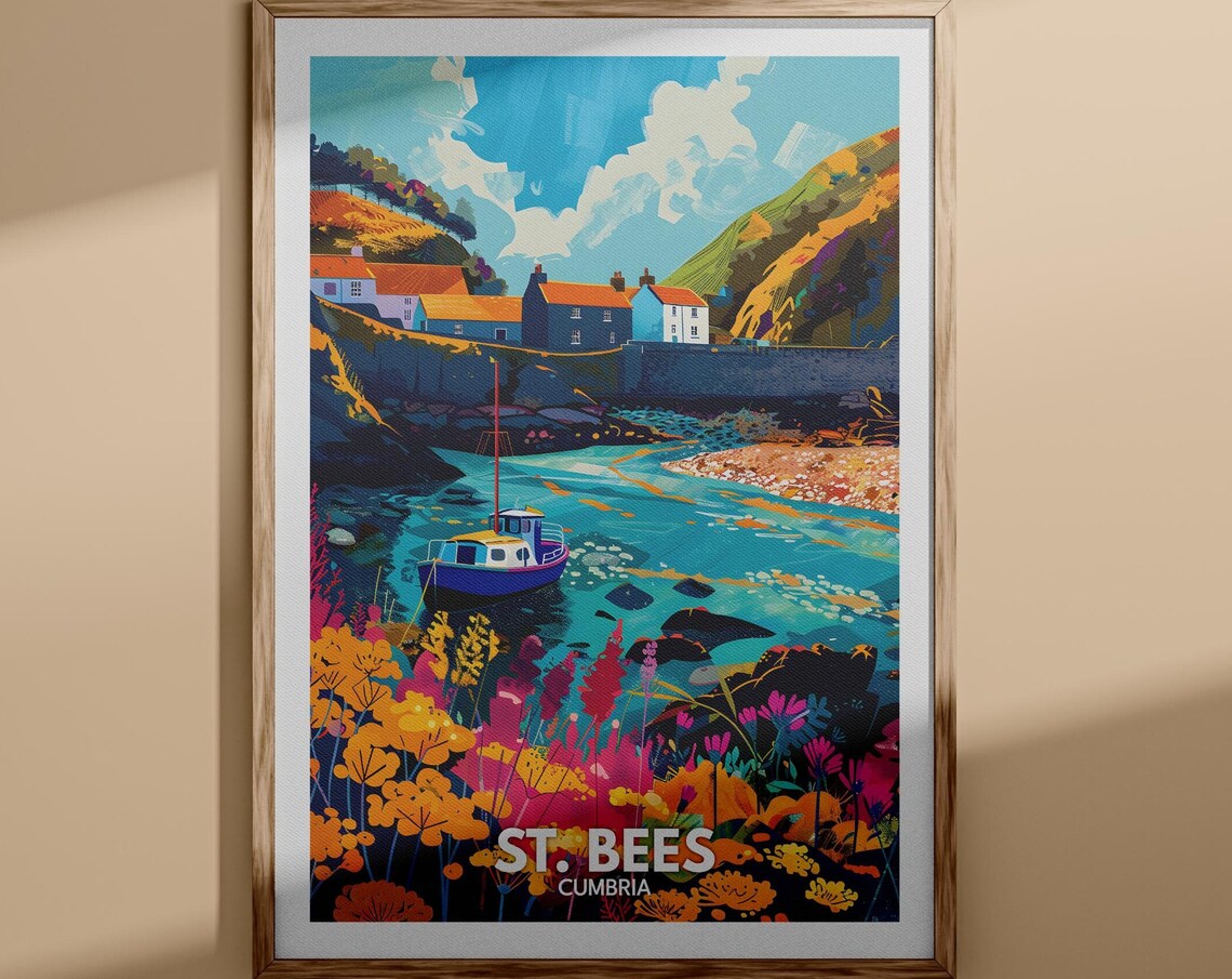 St. Bees Cumbria Harbor Fishing Boat Wildflower Cove Travel Poster
