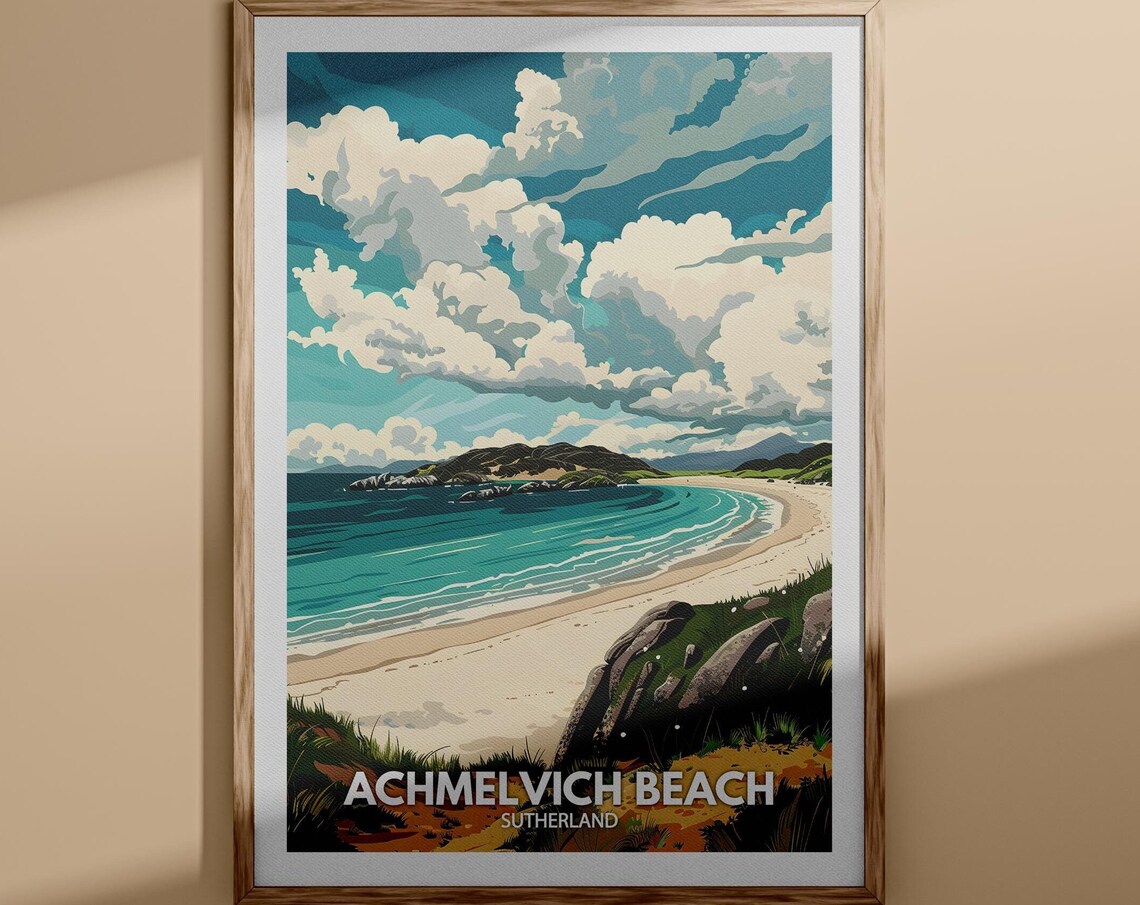 Achmelvich Beach Sutherland Vintage Travel Poster Sandy Bay Scene
