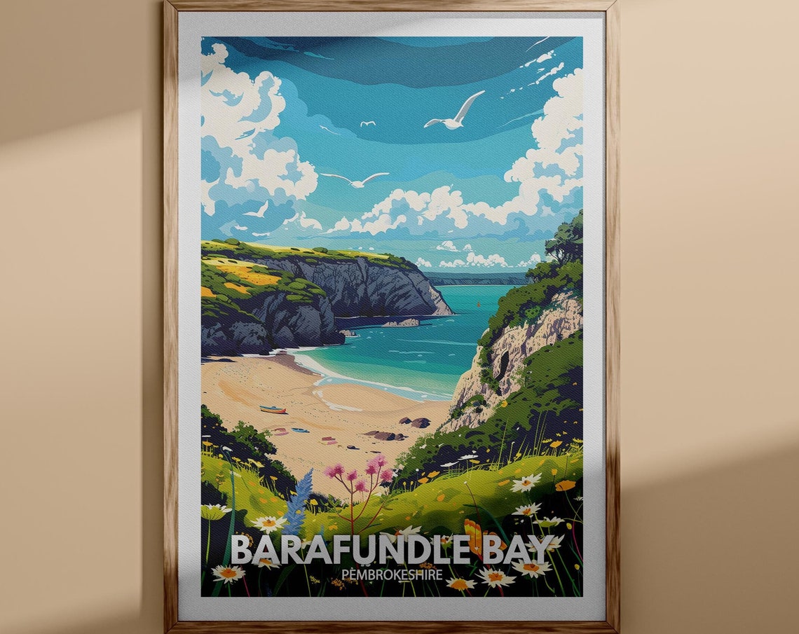 Barafundle Bay Pembrokeshire Poster Sandy Cove Wildflowers Scene