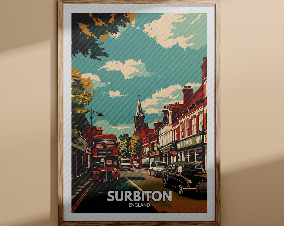 Surbiton Red Double Decker Bus High Street Church England Poster