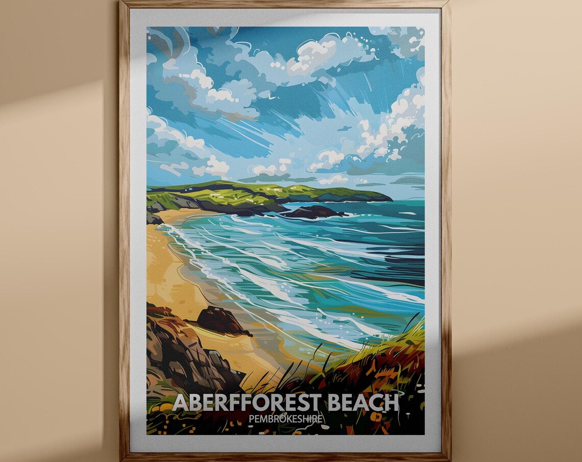 Aberfforest Beach Pembrokeshire Coast Waves Vintage Travel Poster