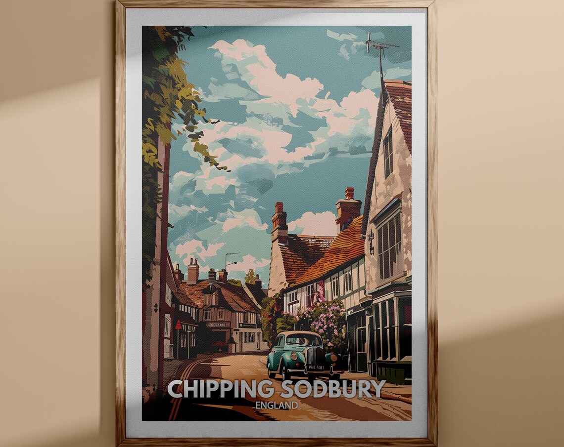 Chipping Sodbury England Cotswold Street Classic Car Travel Poster