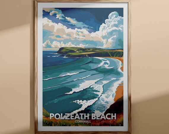 Polzeath Beach Cornwall Surf Waves Headland Coastline Poster