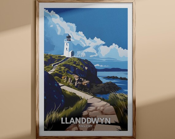 Llanddwyn Anglesey Wales Vintage Travel Poster Lighthouse Cliffs