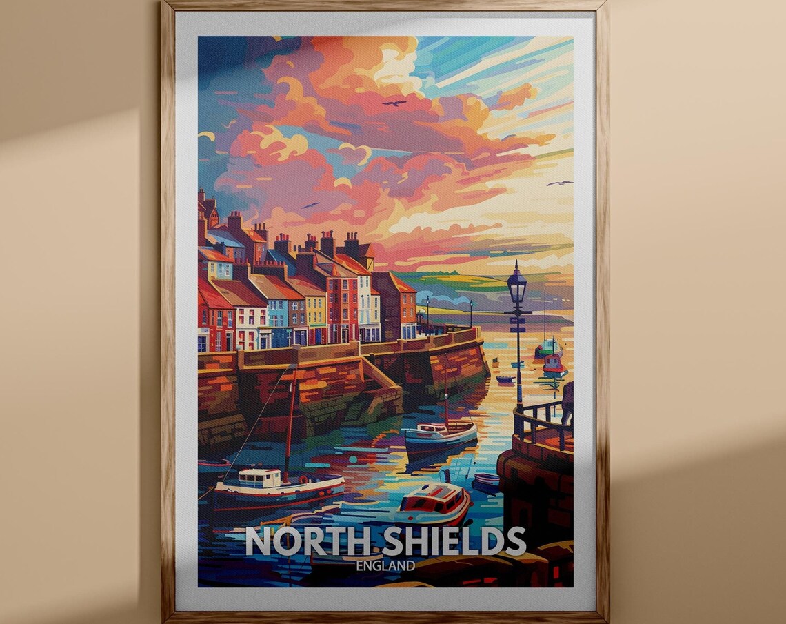 North Shields England Travel Poster Harbor Sunset Boats Colorful