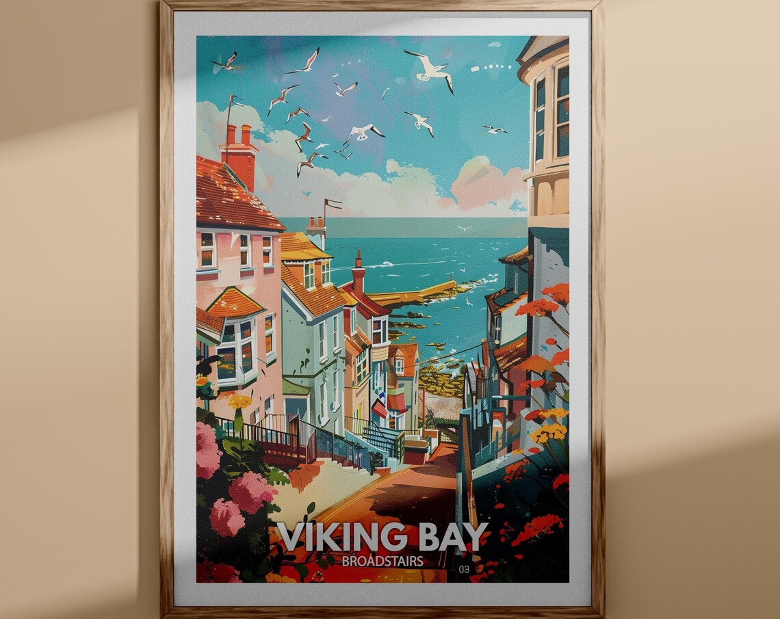 Viking Bay Broadstairs Pastel Cottages Seaside Stairs Poster