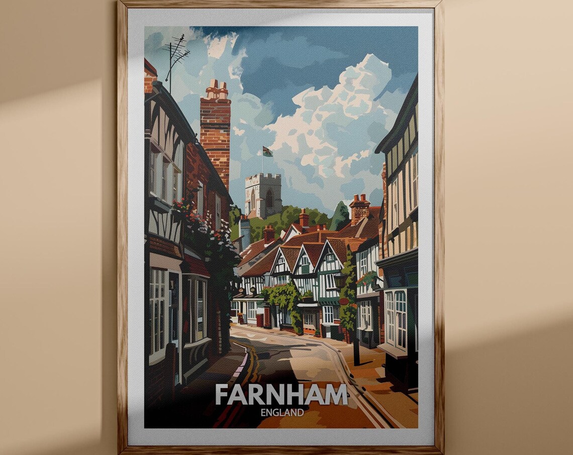 Farnham England Historic Timbered Street Church Tower Poster