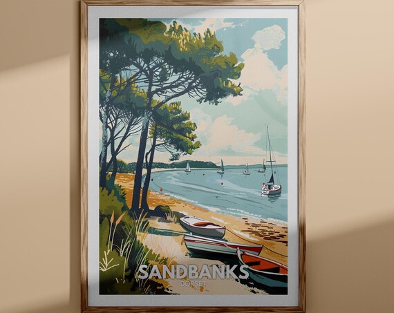Sandbanks Dorset Beach Pine Trees Sailing Boats Golden Travel Poster