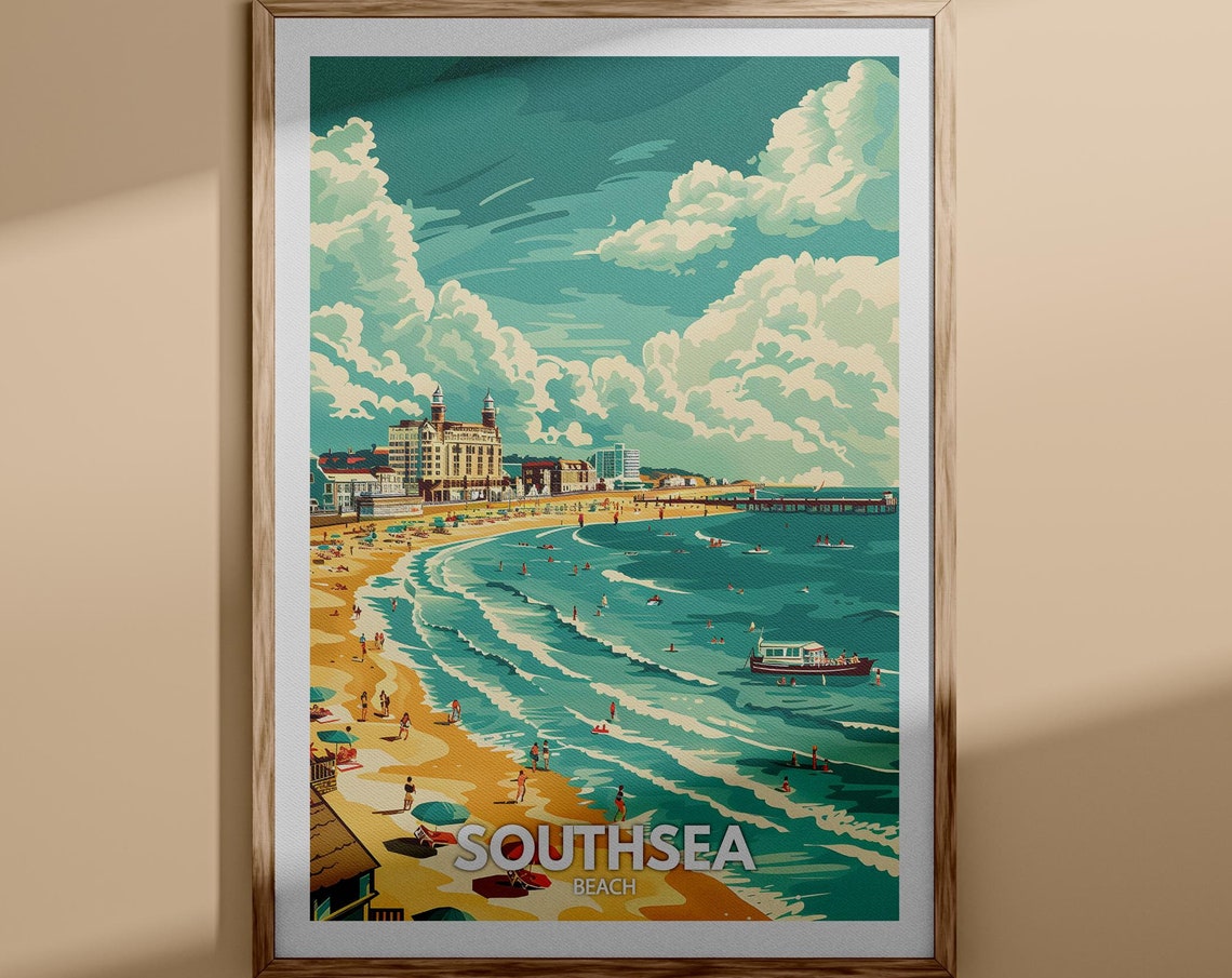 Southsea Beach Swimmers Pier Grand Hotel Sunny Seaside Poster