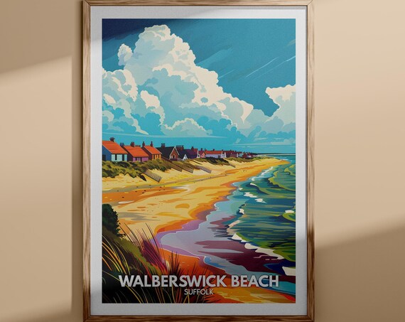 Walberswick Beach Suffolk Travel Poster Dunes Cottages Seaside Art