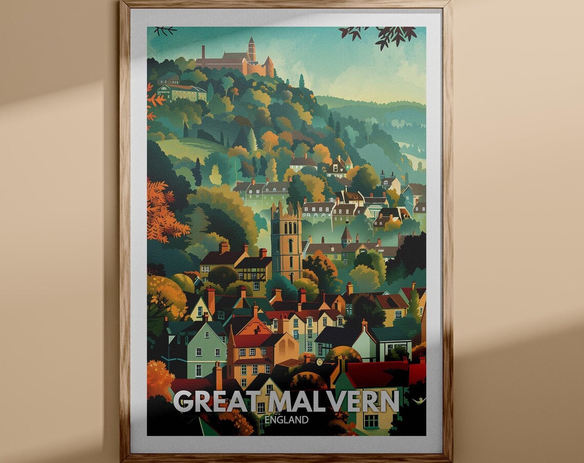 Great Malvern England Hillside Town Church Vintage Travel Poster