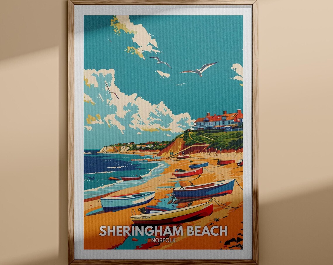 Sheringham Beach Norfolk Fishing Boats Seaside Vintage Travel Poster