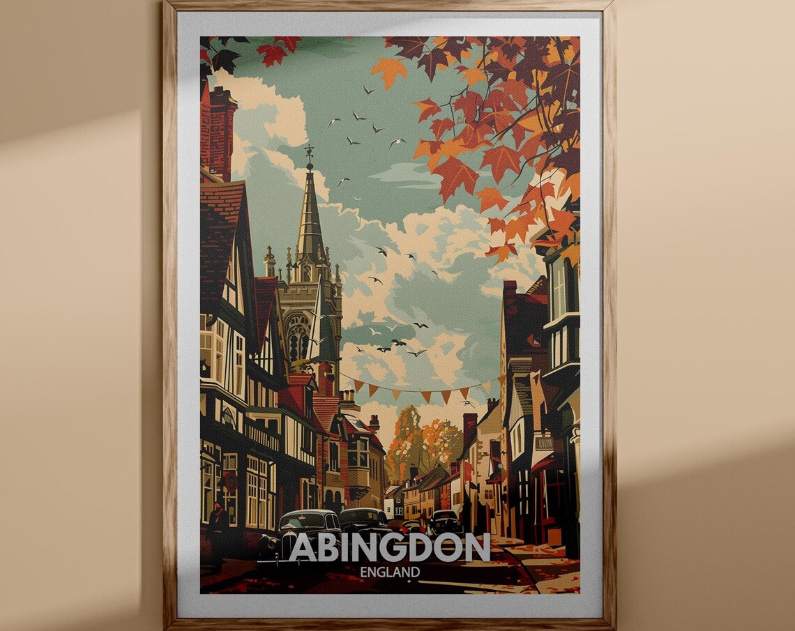 Abingdon England Autumn Street Historic Spire Vintage Travel Poster