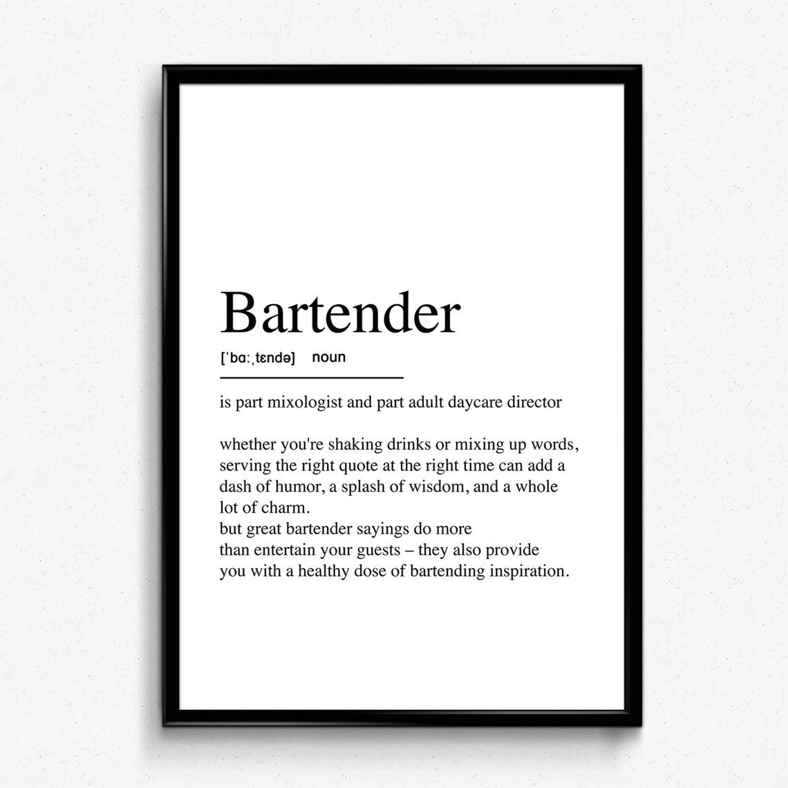 Bartender Definition Poster Dictionary Style Bar Gift Wall Decor