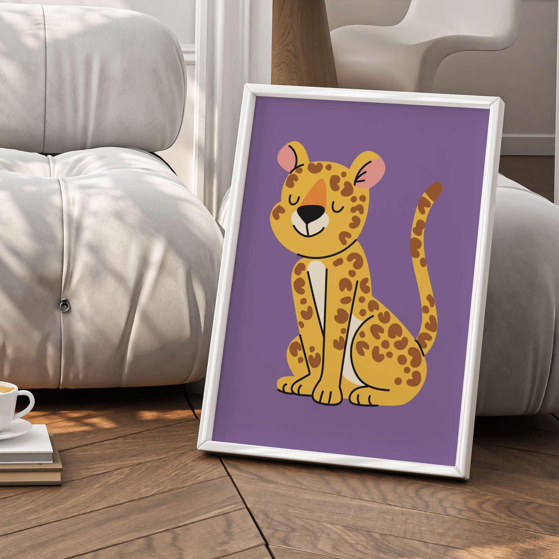 Playful Cute Leopard Cub Cartoon Purple Background Kids Poster