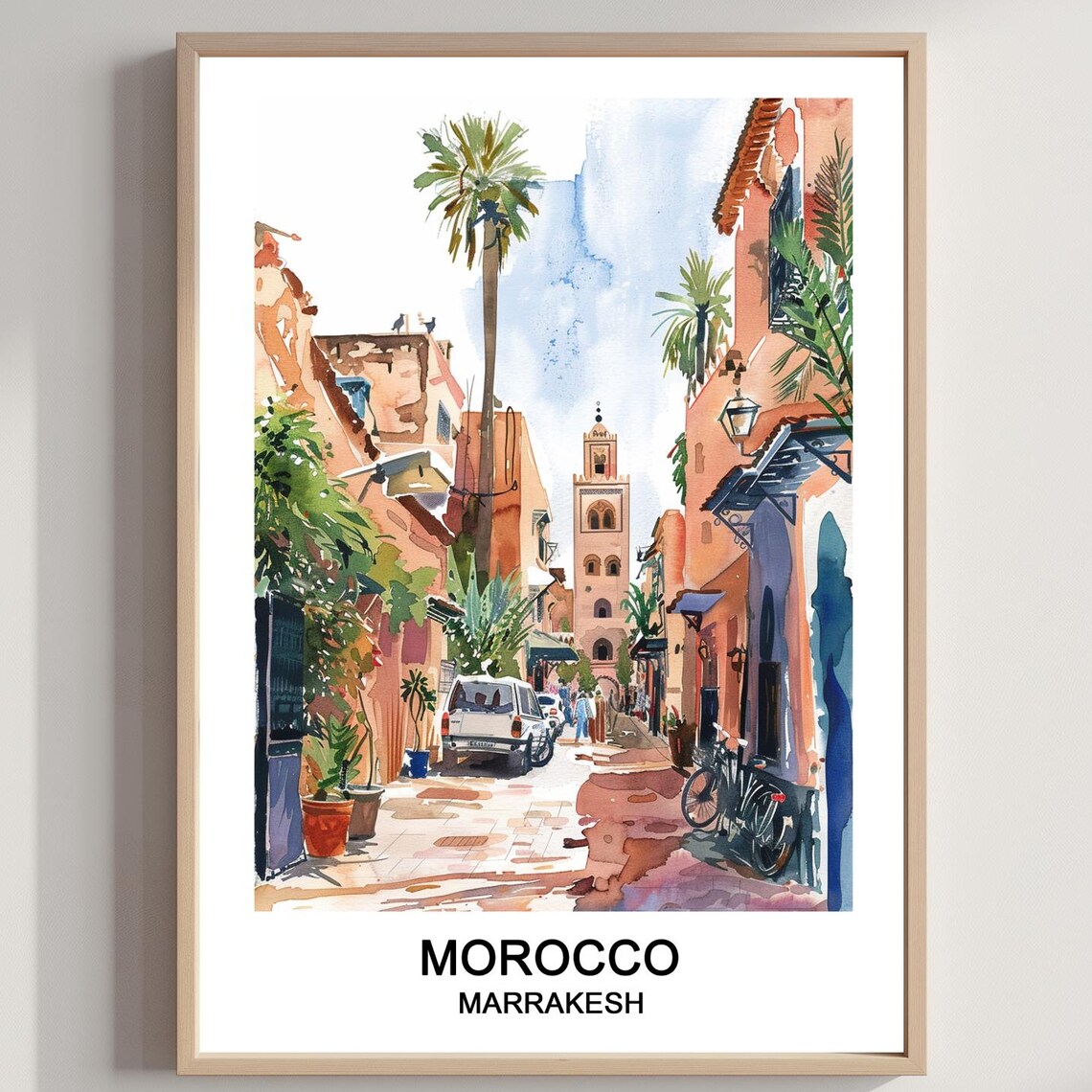 Marrakesh Morocco Street Watercolor Poster Palm Trees Minaret Travel Art