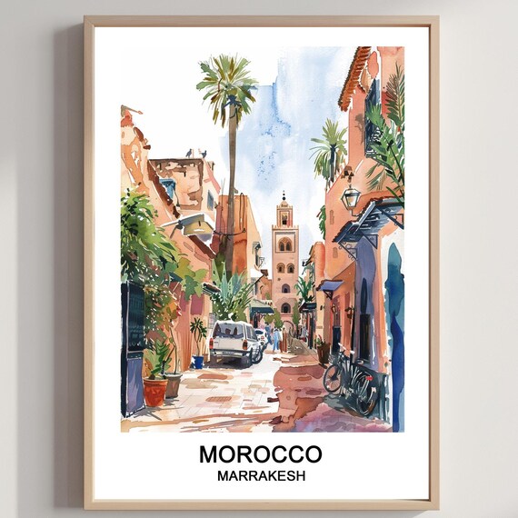Marrakesh Morocco Street Watercolor Poster Palm Trees Minaret Travel Art