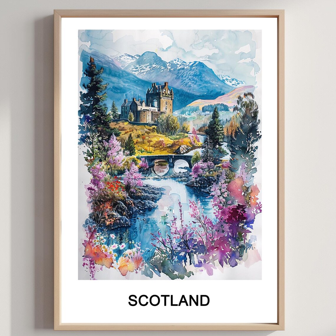 Scotland Castle Historic Stone Bridge Mountains Watercolor Poster