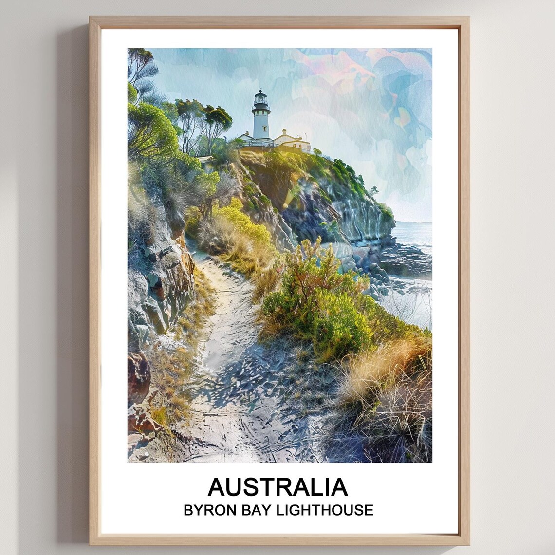 Byron Bay Lighthouse Australia Coastal Headland Watercolor Poster