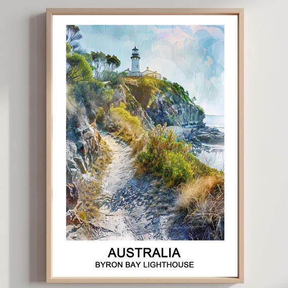 Byron Bay Lighthouse Australia Watercolor Vacationtravel Art Poster