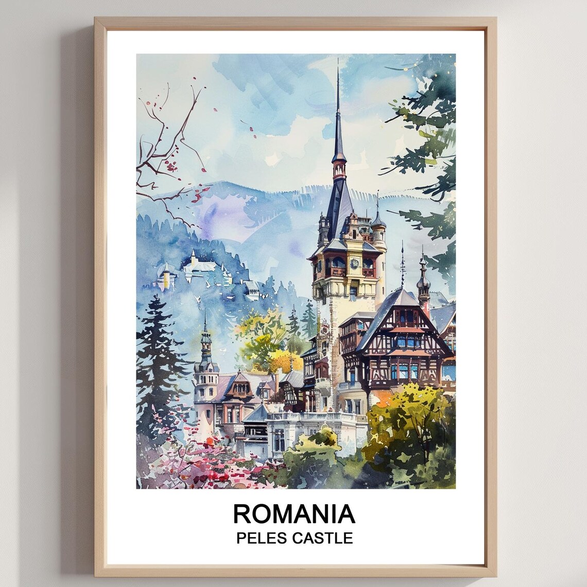 Peles Castle Romania Watercolor Fairytale Travel Landmark Poster