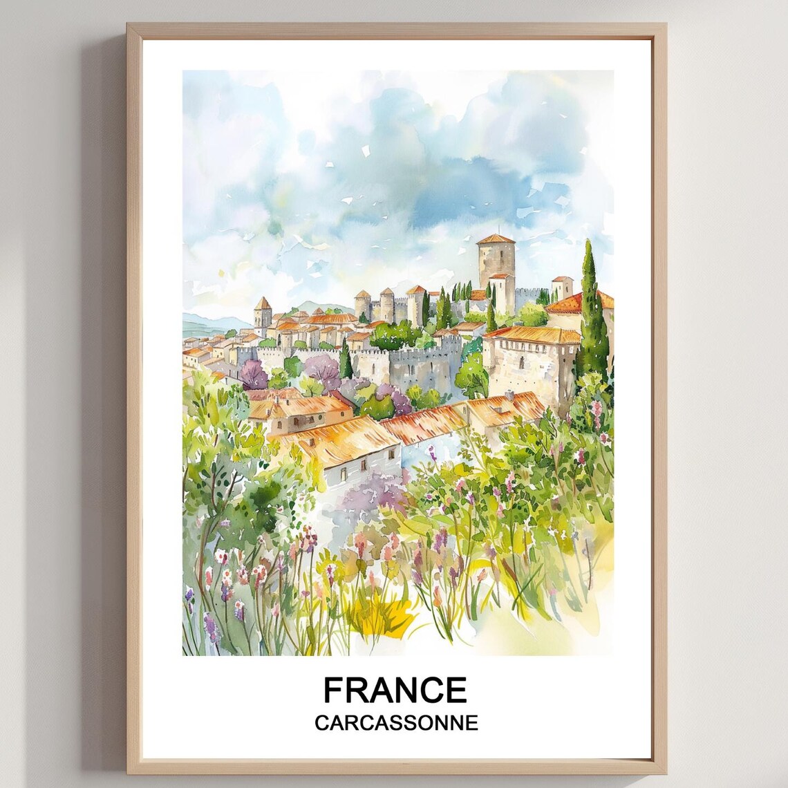 Carcassonne France Medieval Walled City Towers Watercolor Poster