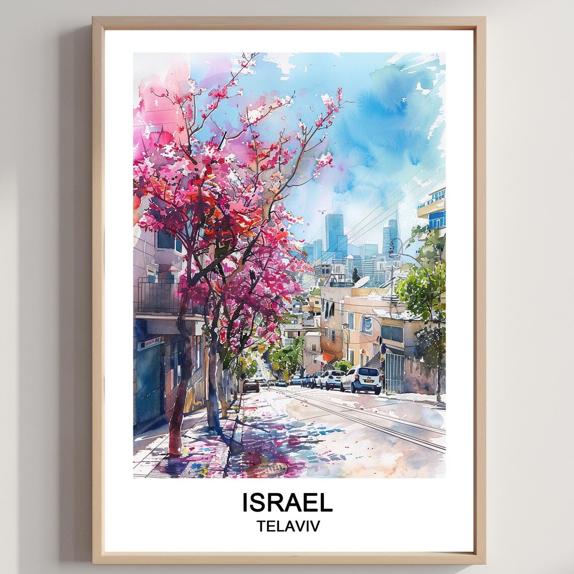 Tel Aviv Israel Flowering Street in Bloom Watercolor Travel Poster