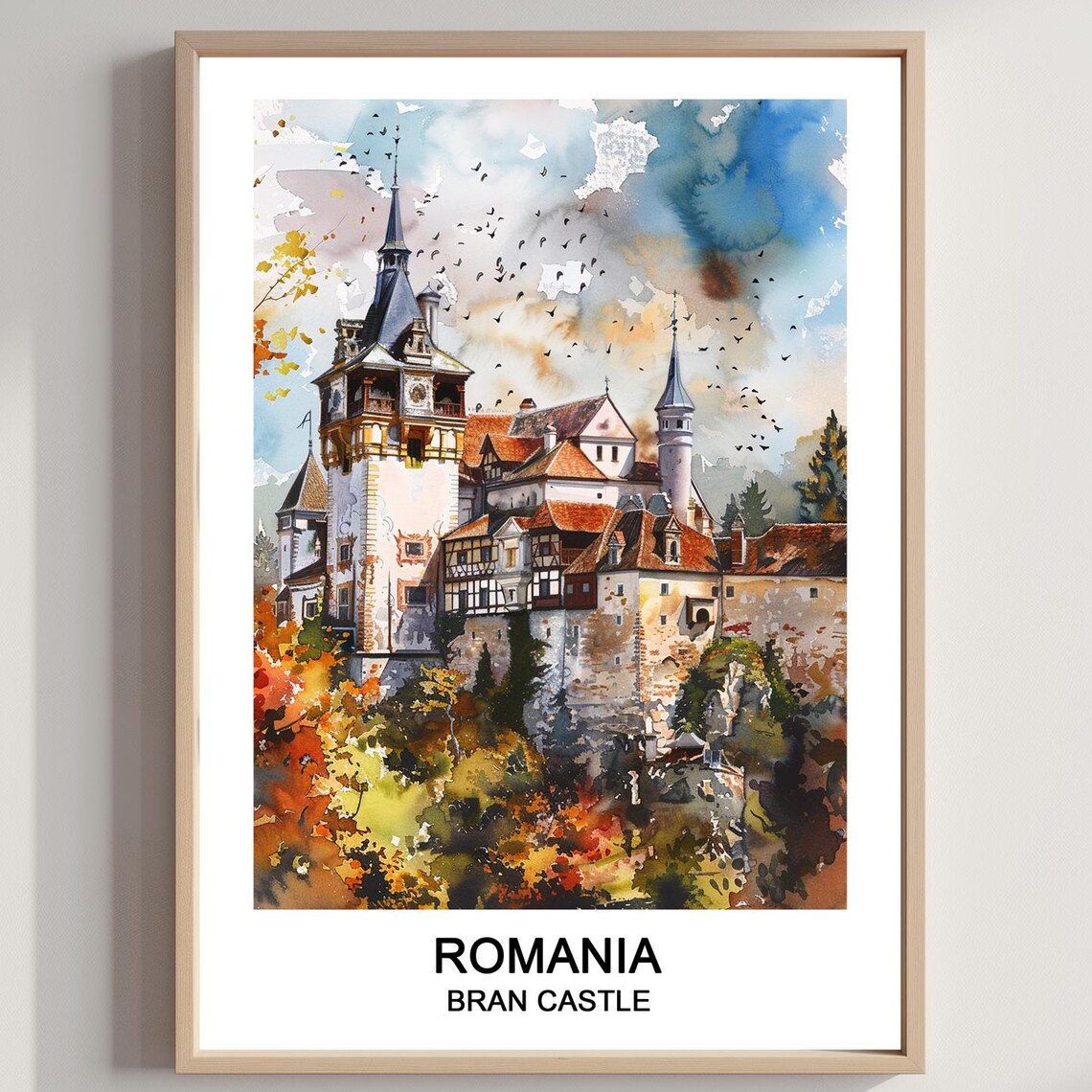 Romania Bran Castle Watercolor Autumn Travel Souvenir Poster
