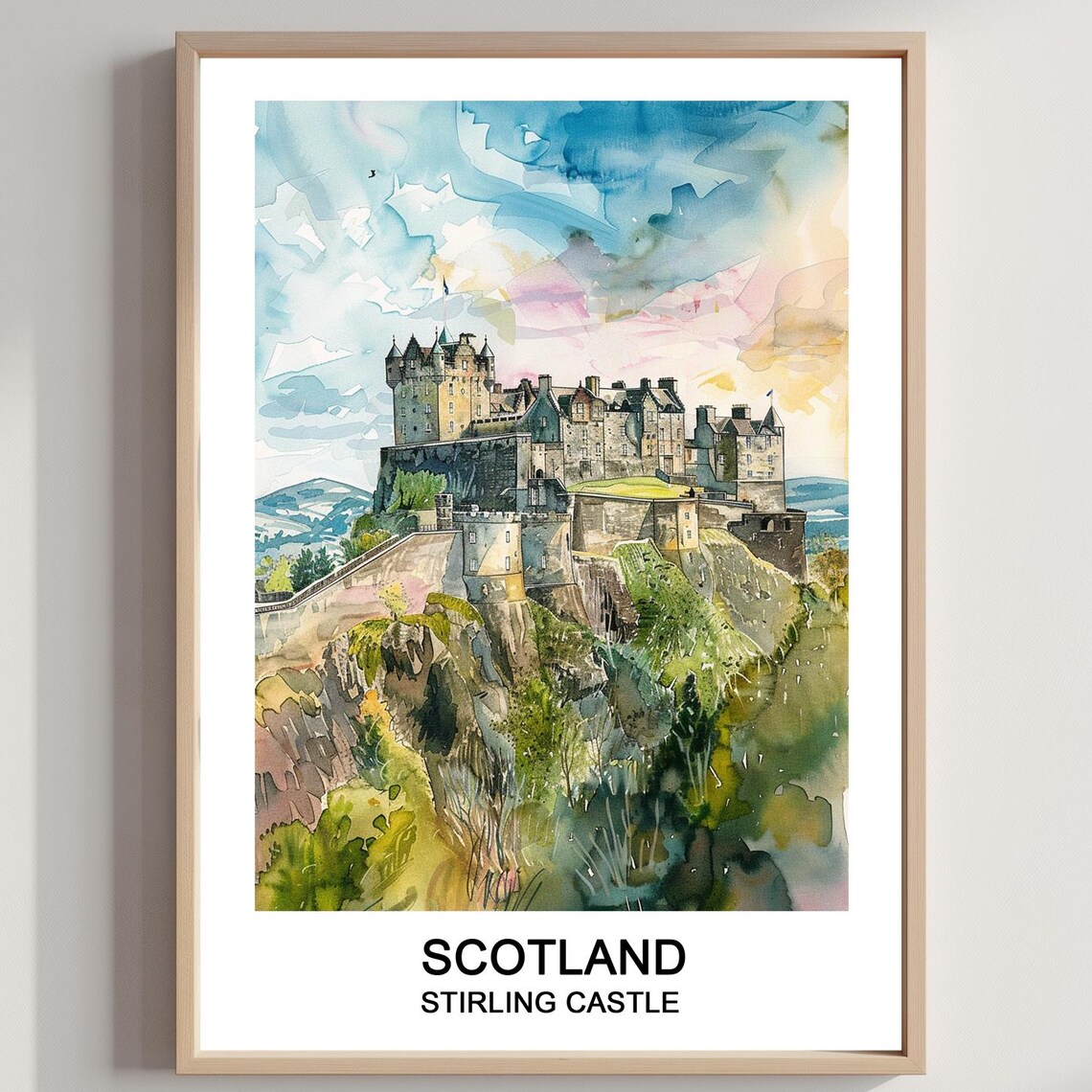 Stirling Castle Scotland Cliff Watercolor Historic Landmark Art Poster