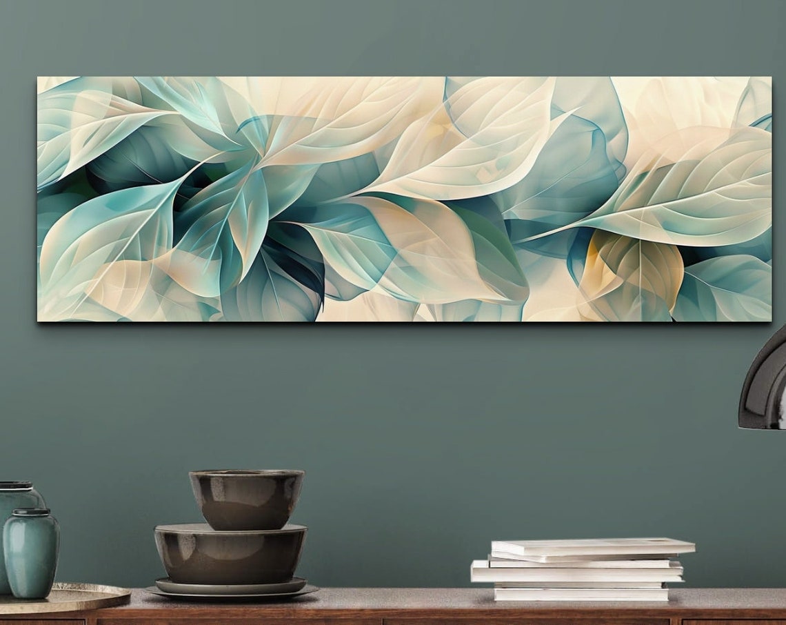 Abstract Teal and Cream Leaves Overlapping Botanical Art Poster