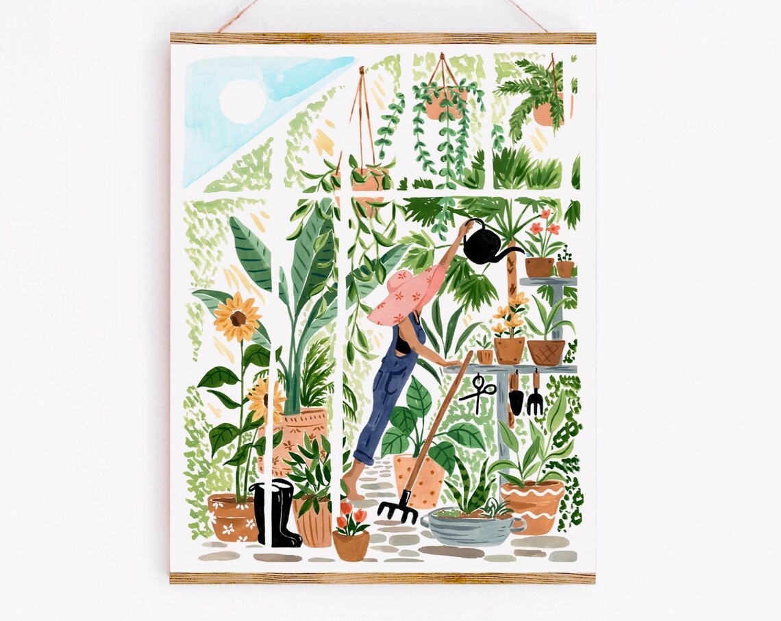 Greenhouse Garden Art Print, Botanical Watercolor